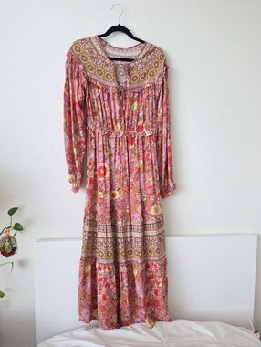 Boho Floral Maxi Dress Cottagecore Pink Flowy Long Sleeve